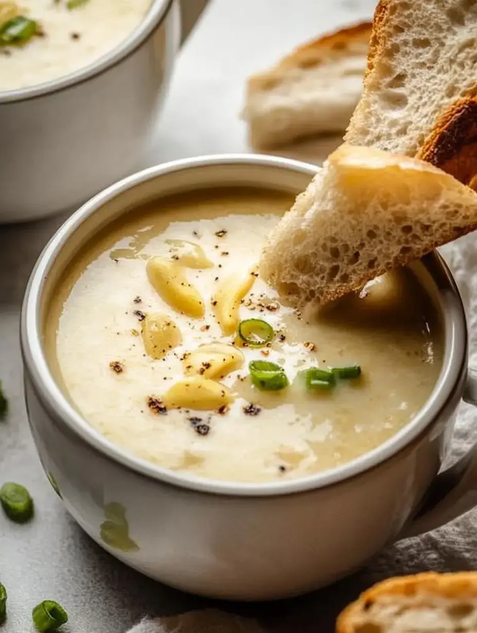 Un bol de sopa cremosa coronada con cebollinos y piñones, con un trozo de pan crujiente mojándose.