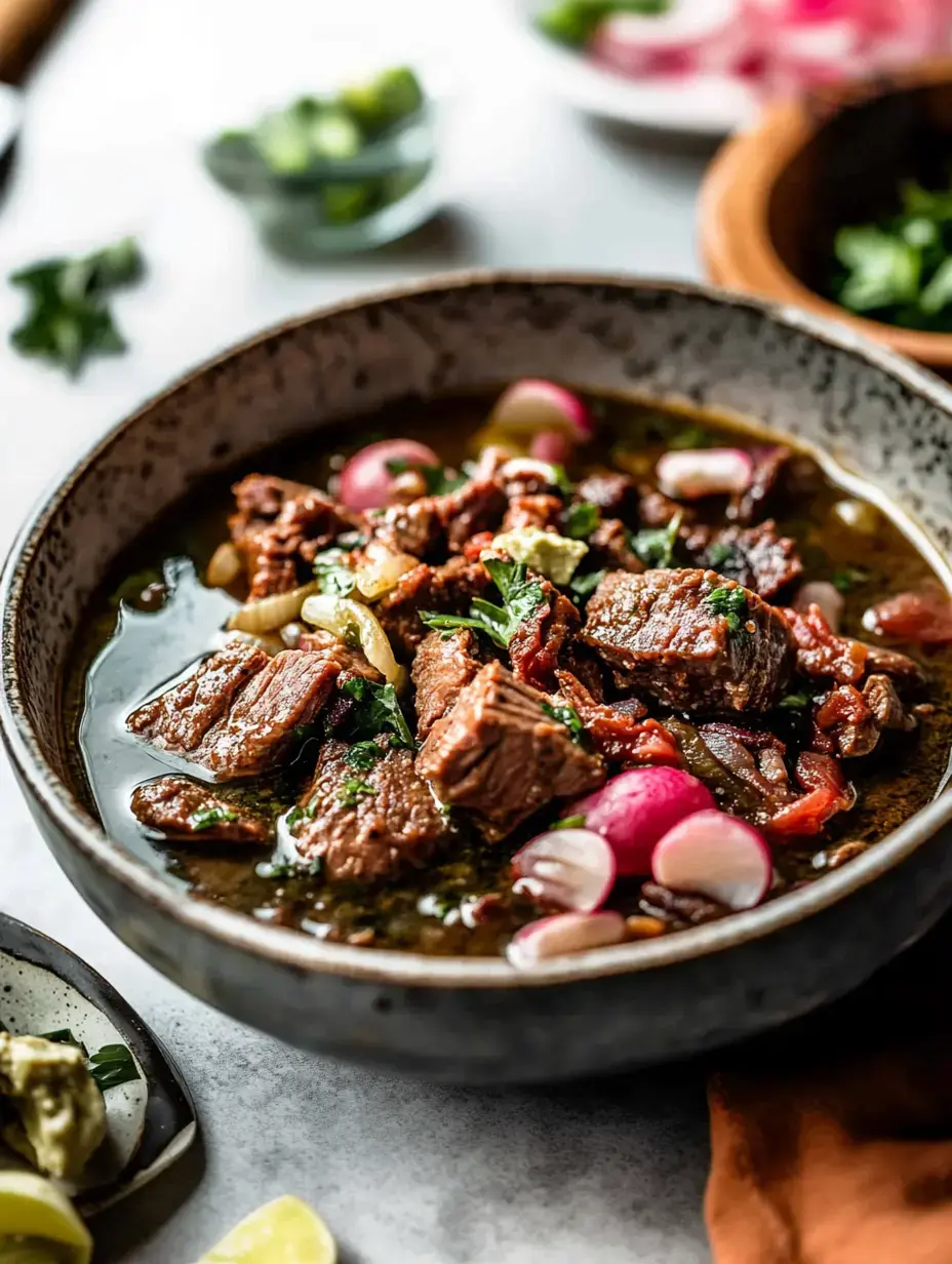 Un plato de guisado de carne decorado con rábanos y hierbas, rodeado de limones partidos y más ingredientes.