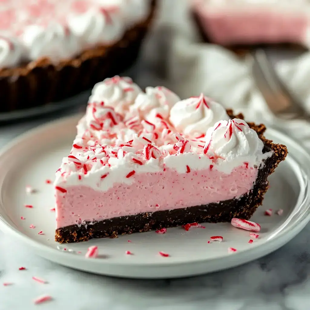 Un trozo de pastel rosa de menta con nata y caramelos de menta encima en un plato blanco.