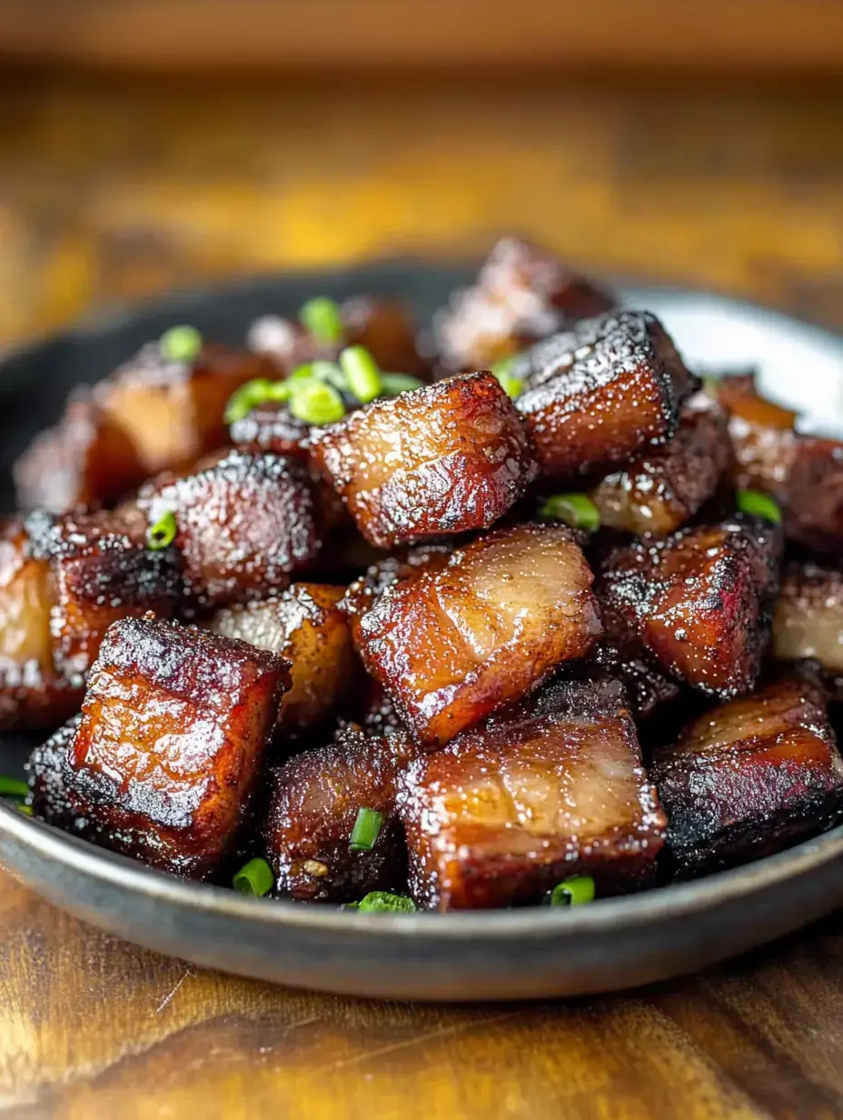 Acercamiento de panceta en trocitos caramelizados y dorados, decorados con cebollín picado sobre un plato negro redondo.
