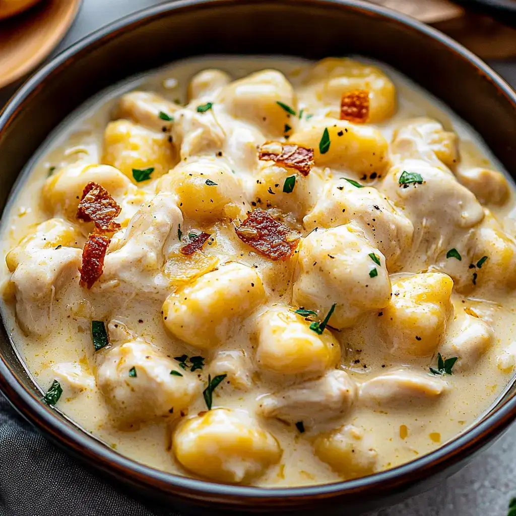 Un bol de ñoquis cremosos con pollo, bacon crujiente y perejil.