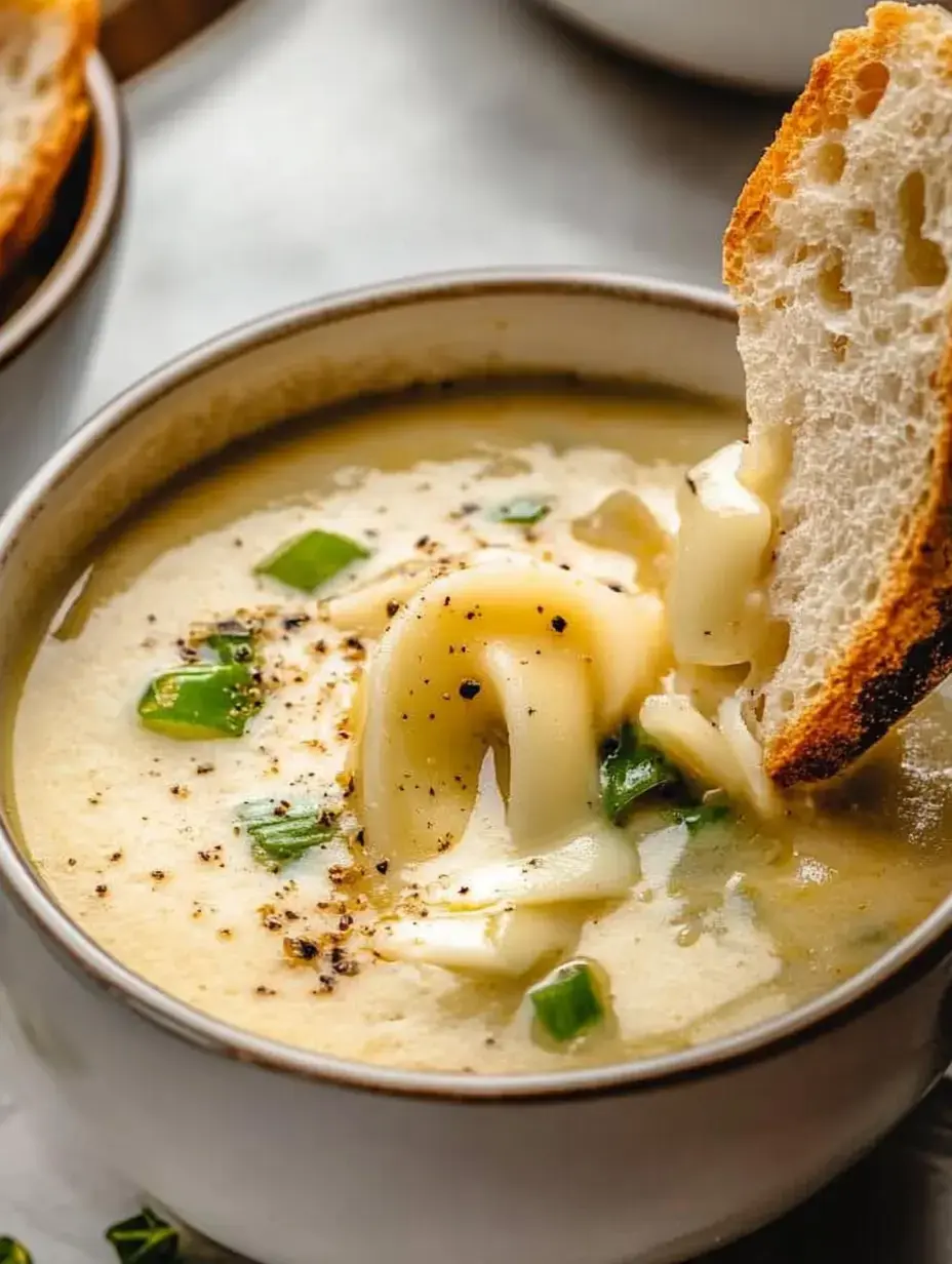 Un plato de sopa cremosa con fideos y cebollinos, junto a pan crujiente mojándose.