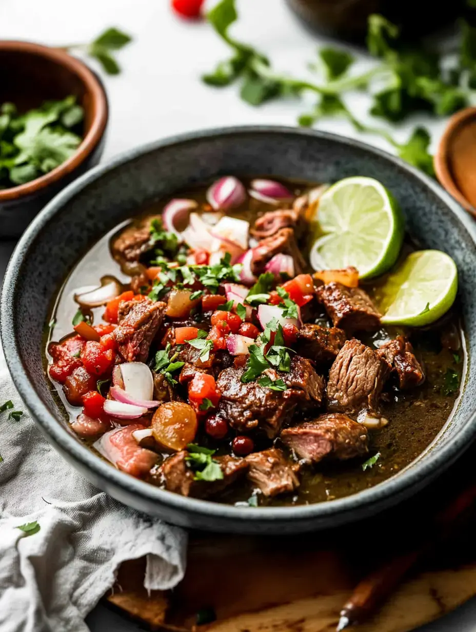 Plato hondo de carne con hierbas frescas, jitomate picado, cebolla morada y limones, rodeado de más ingredientes.