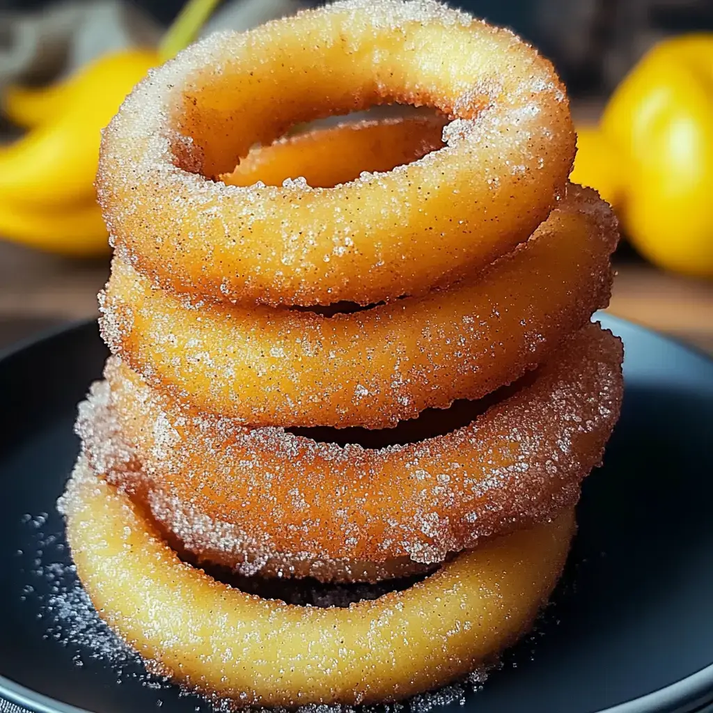 Cuatro aros dorados cubiertos de azúcar en un plato negro, al fondo se ven plátanos amarillos desenfocados.