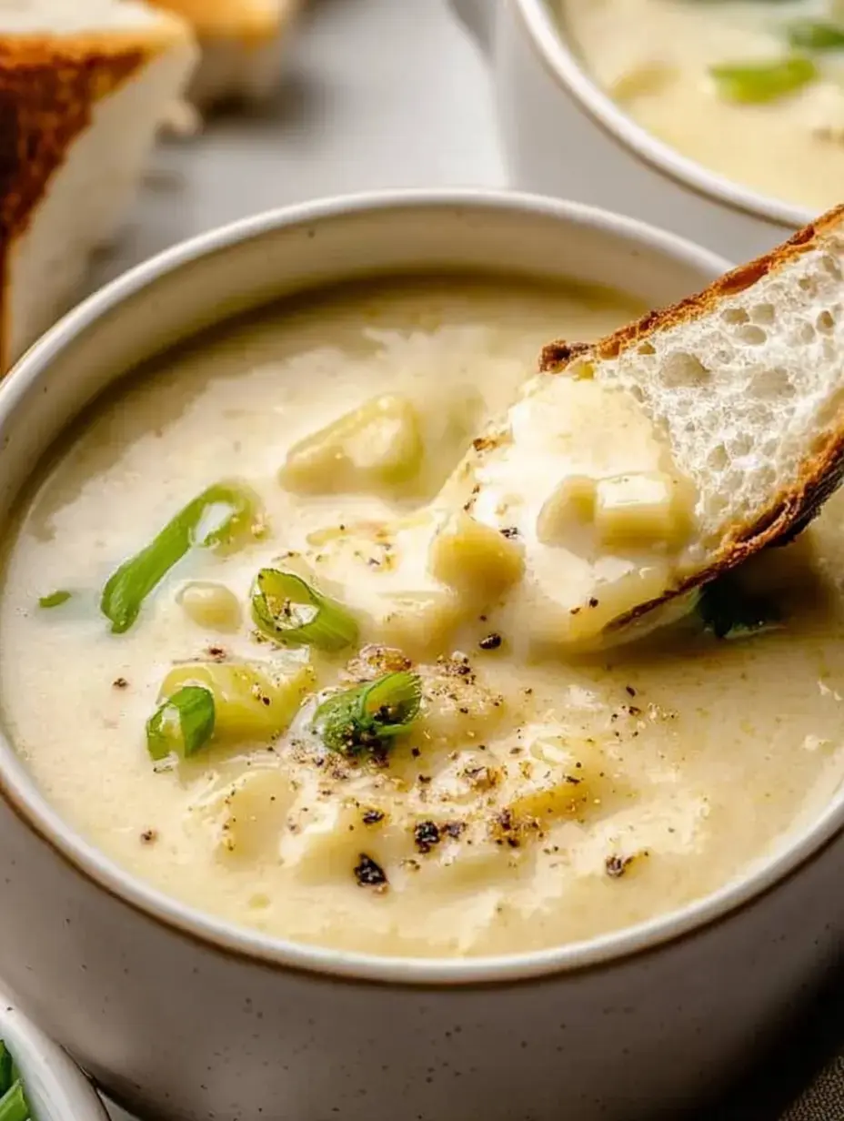 Un trozo de pan tostado mojándose en una sopa cremosa con cebollino y pimienta negra.
