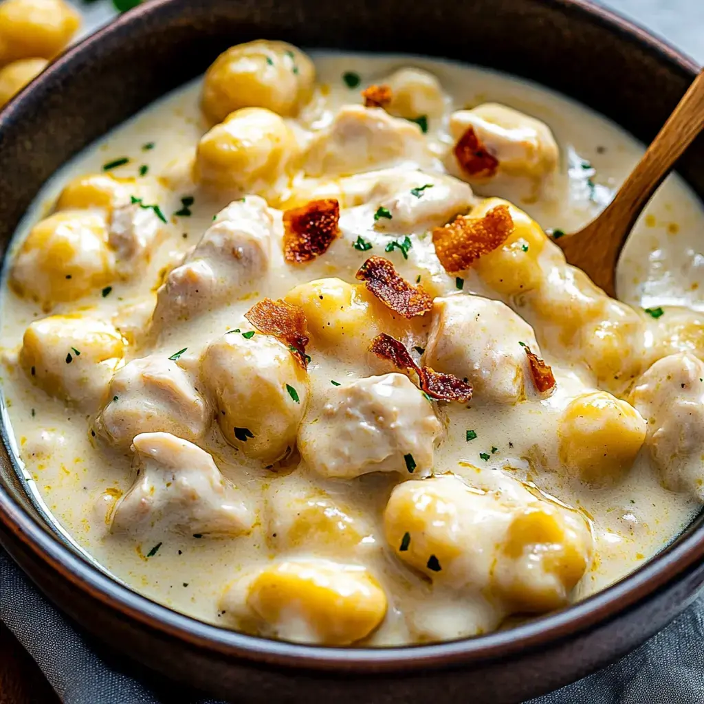 Un bol de pollo cremoso con ñoquis, bacon crujiente y hierbas frescas.
