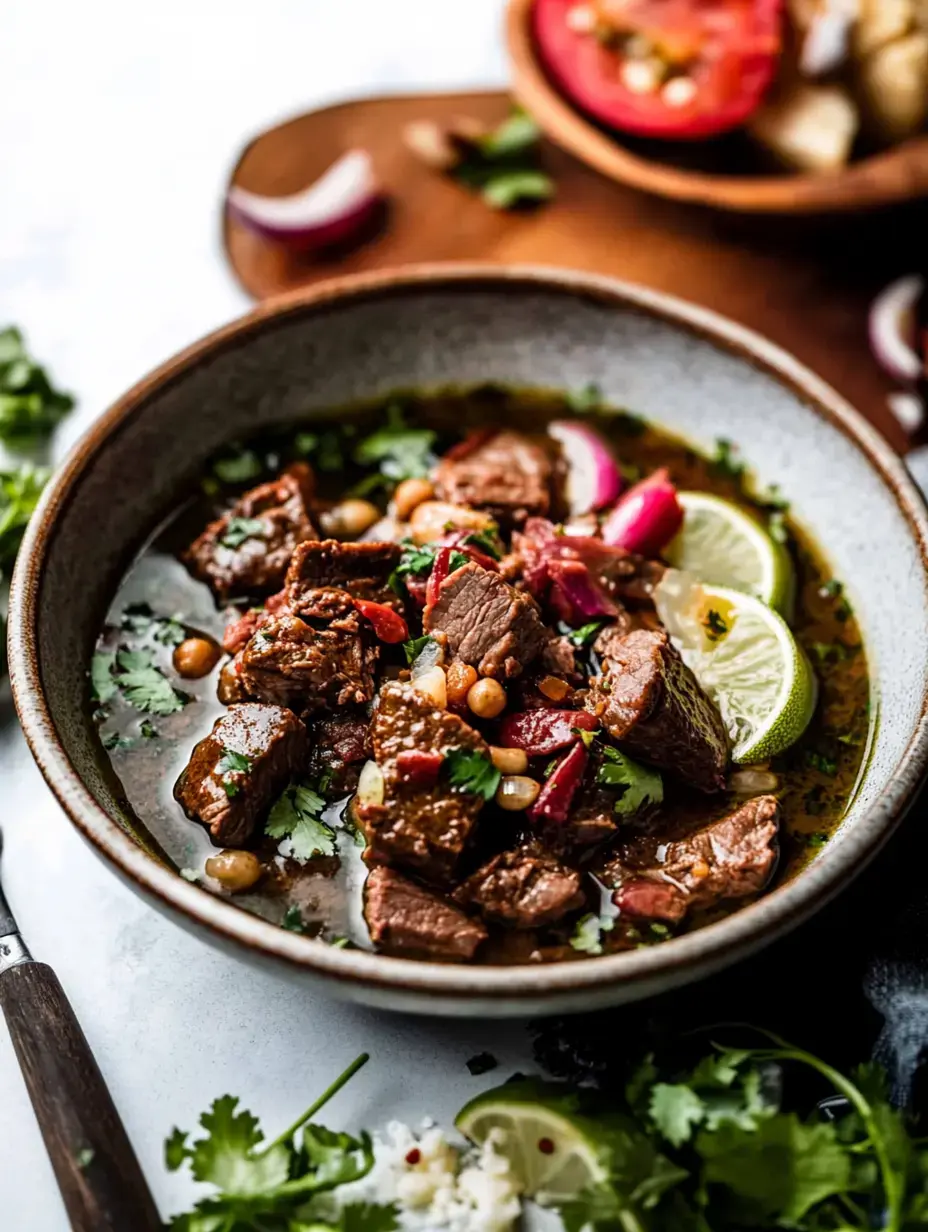 Acercamiento a un plato de carne con cilantro, limón y cebolla acompañados de ingredientes frescos.