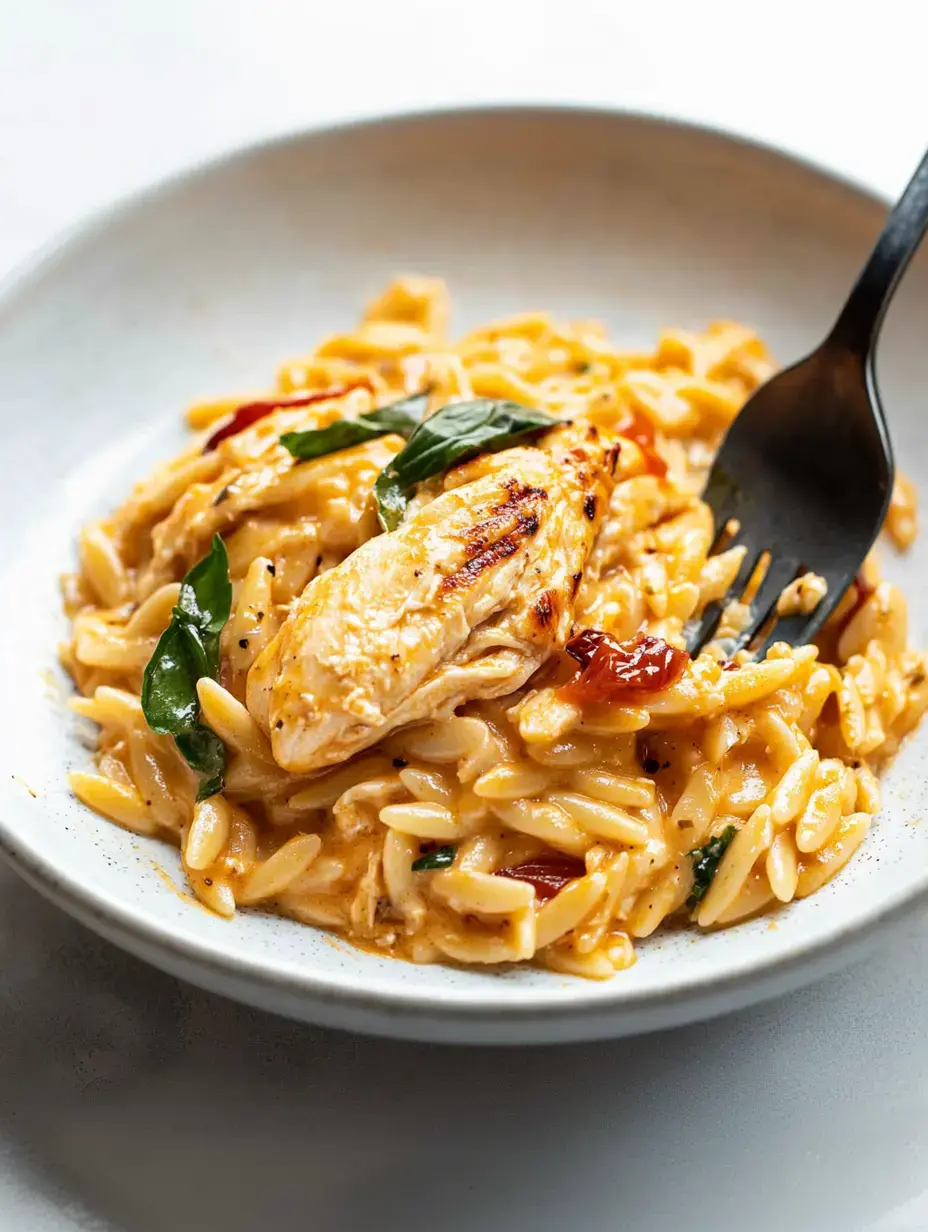 Plato hondo con orzo cremoso, trozos de pollo a la plancha y albahaca fresca encima.