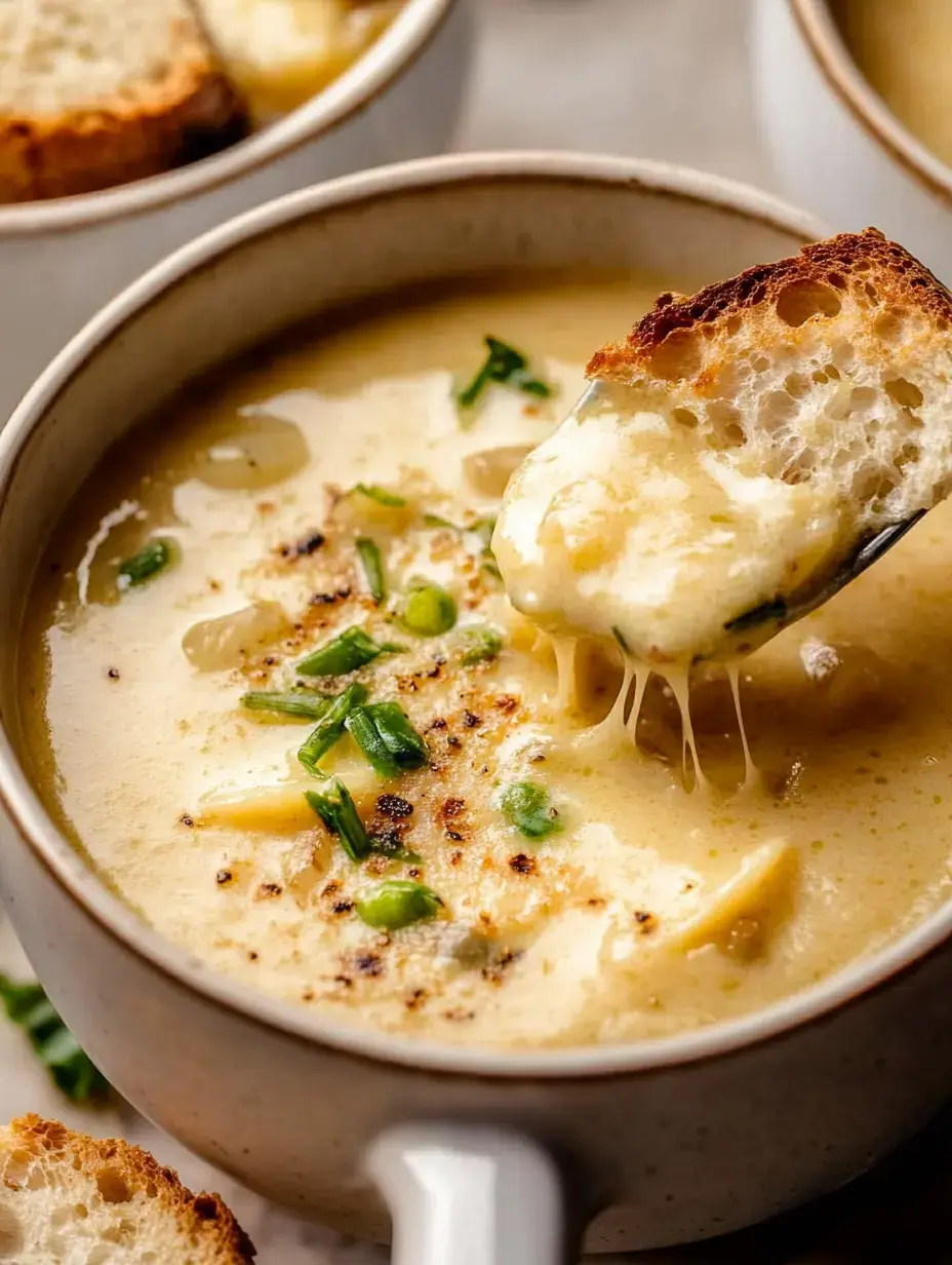 Sopa cremosa con cebollino y queso encima, con pan crujiente mojándose.