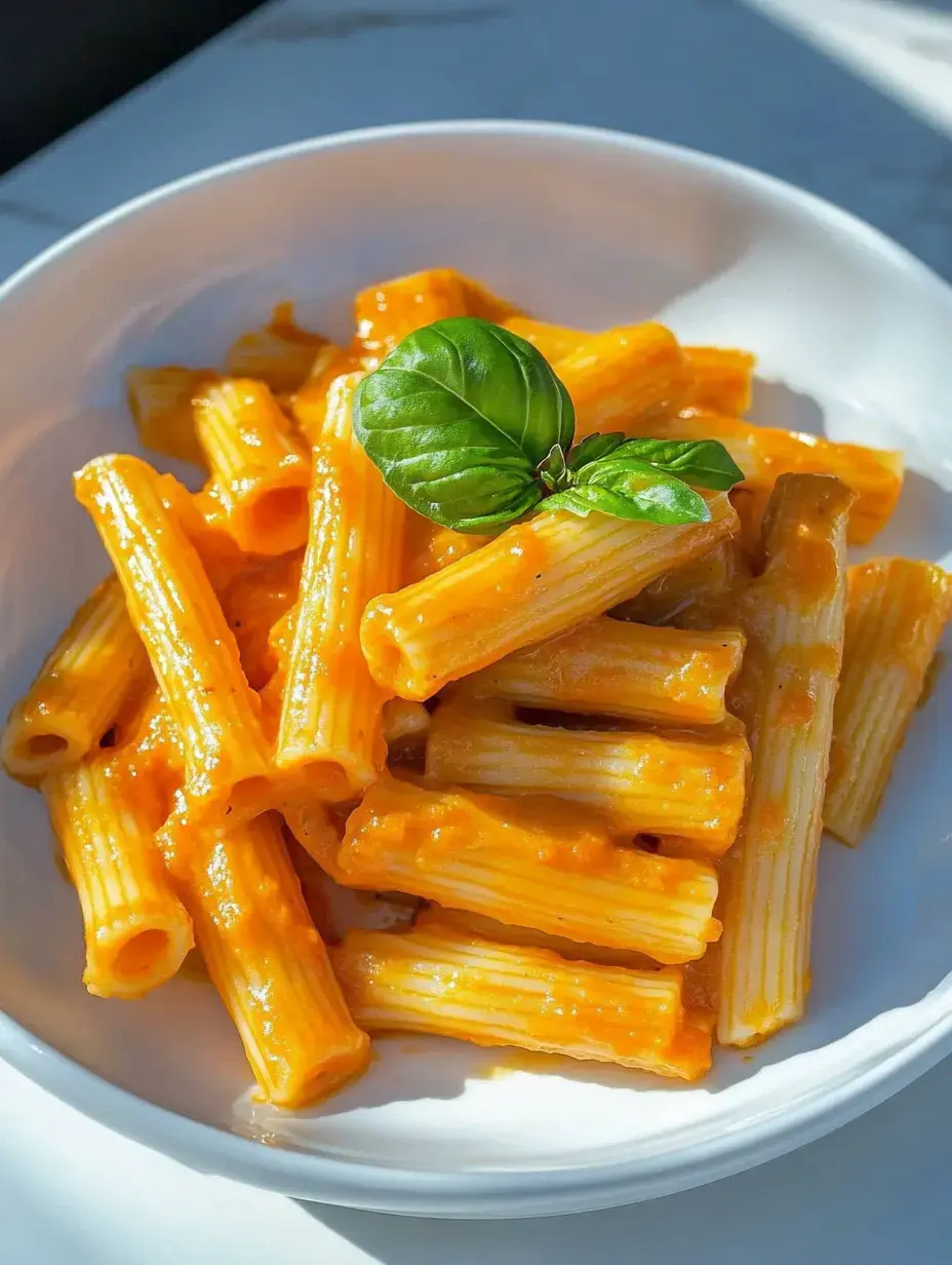 Un plato de rigatoni cubierto de una salsa cremosa color naranja y decorado con una hoja fresca de albahaca.
