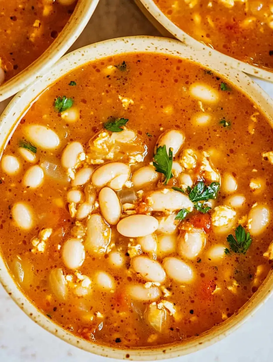 Vista de cerca de un plato hondo de sopa de alubias, con perejil fresco encima.
