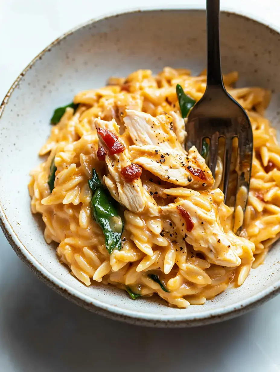 Plato de orzo cremoso con pollo desmenuzado, espinacas, trozos de bacon y pimienta negra por encima.