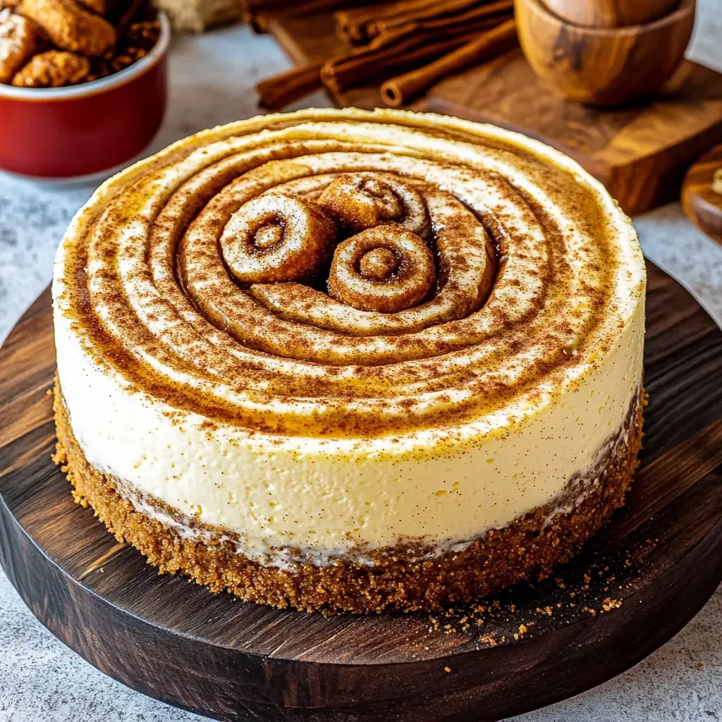 Un cremoso pastel tipo cheesecake con remolinos de canela y trozos de rollo de canela encima, servido sobre tabla de madera.