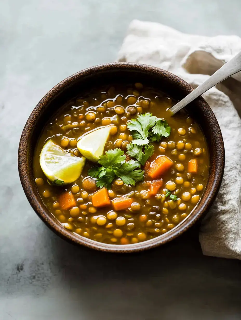 Un plato rústico de sopa de lentejas con gajos de limón y ramitas de cilantro fresco, sobre una mesa con textura.