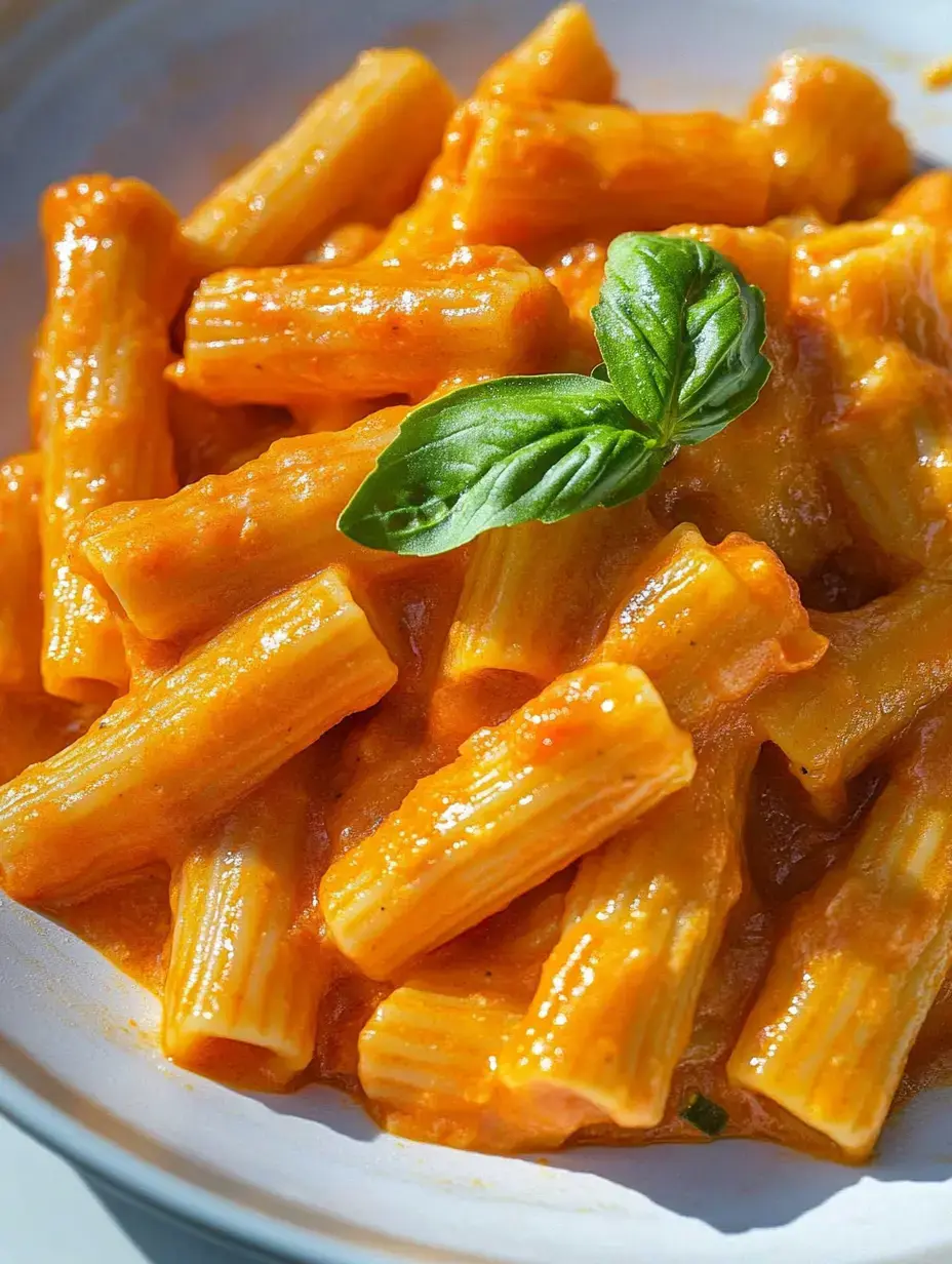 Rigatoni bien cubiertos de una salsa cremosa de color naranja, decorados con albahaca fresca.