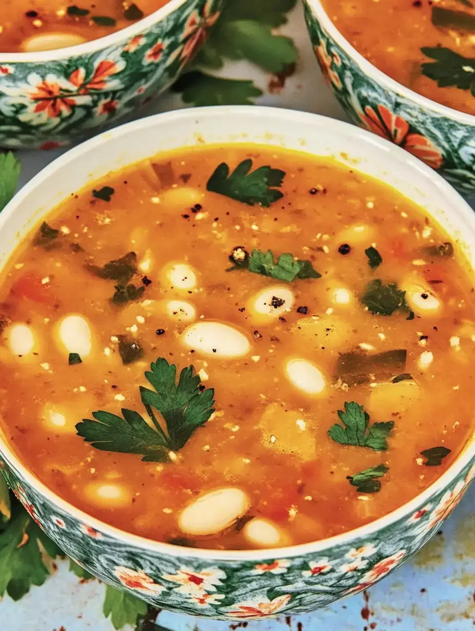Primer plano de un tazón con sopa de alubias y perejil fresco, servido en un plato colorido.