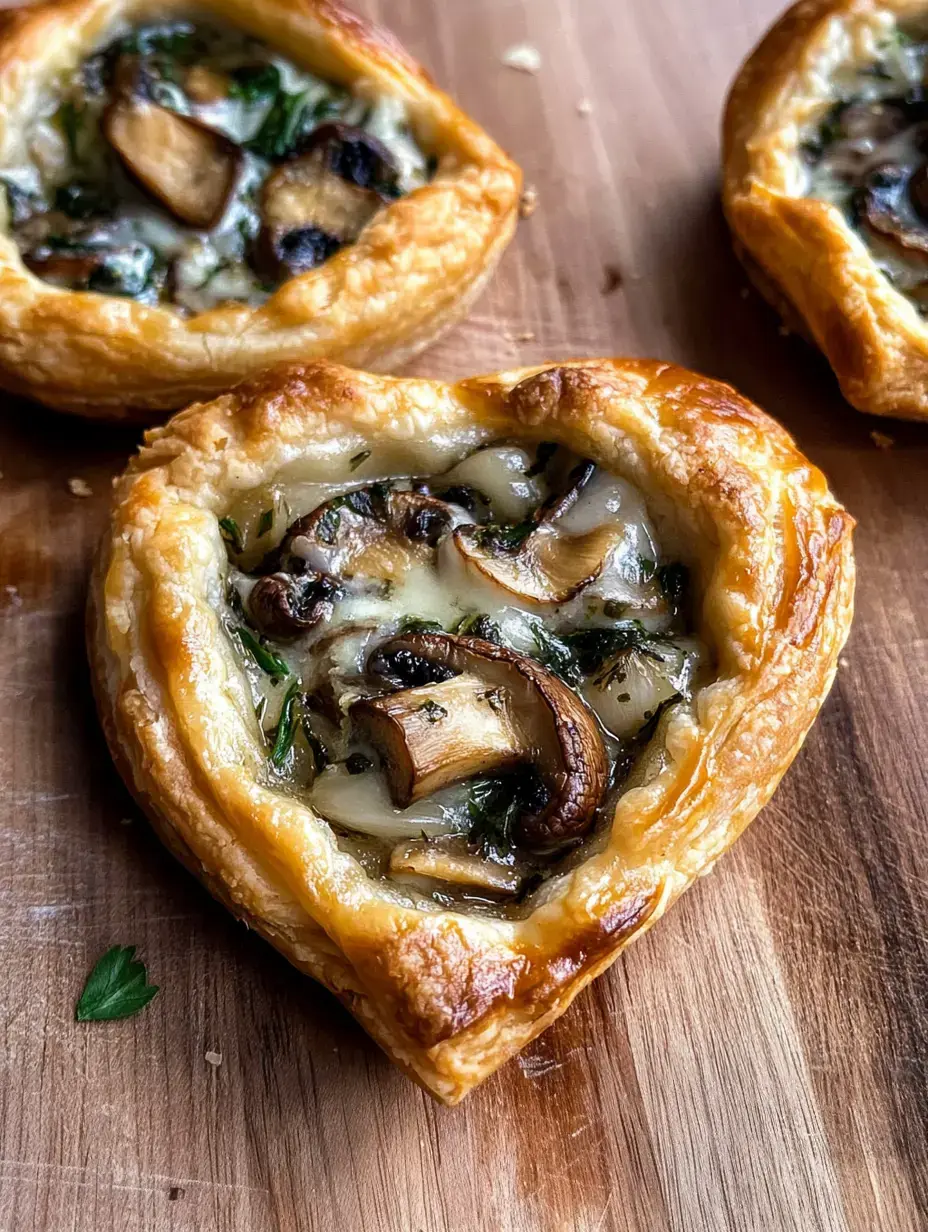Tartaletas de hojaldre en forma de corazón con champiñones y hojas verdes sobre una mesa de madera.