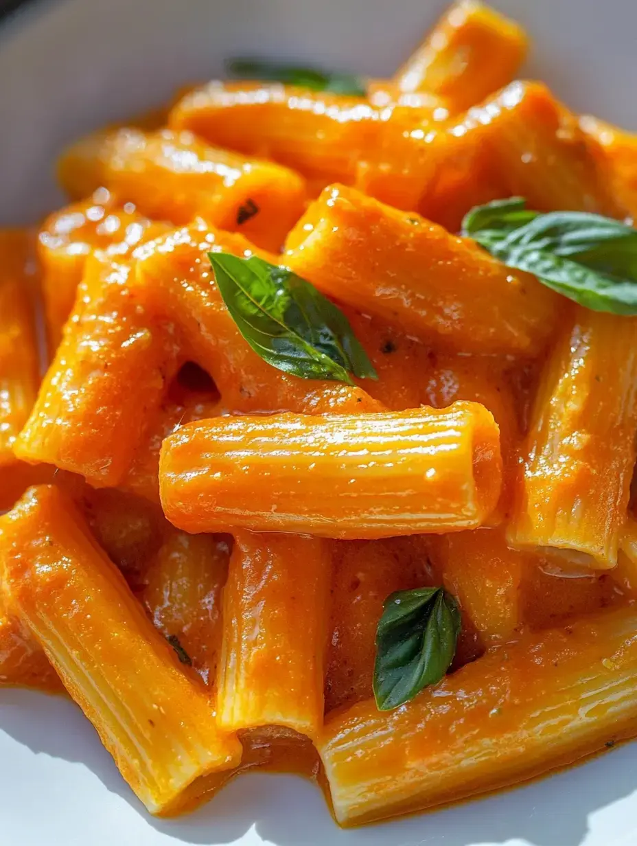 Un bol de rigatoni bañado en salsa naranja vibrante y decorado con albahaca fresca.