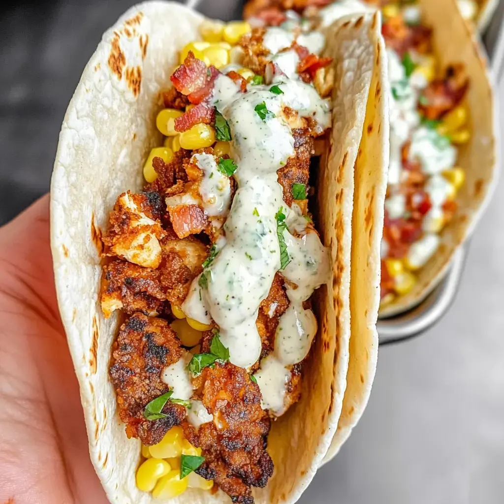 Una mano sostiene dos tacos rellenos de elote, carne empanizada y bañados con una salsa cremosa.
