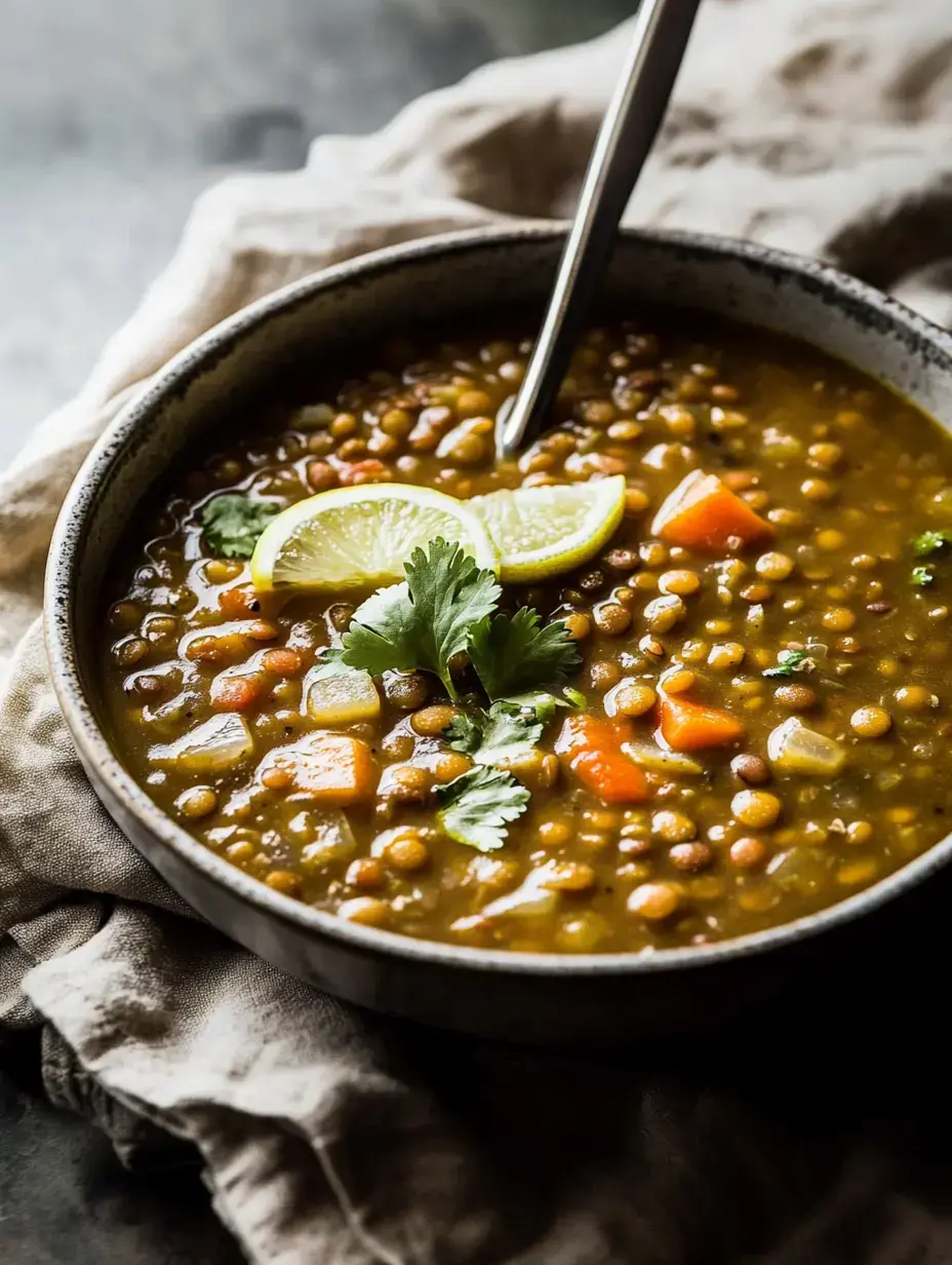 Un plato de sopa de lentejas adornado con trozos de limón y cilantro, sobre un mantel texturizado.