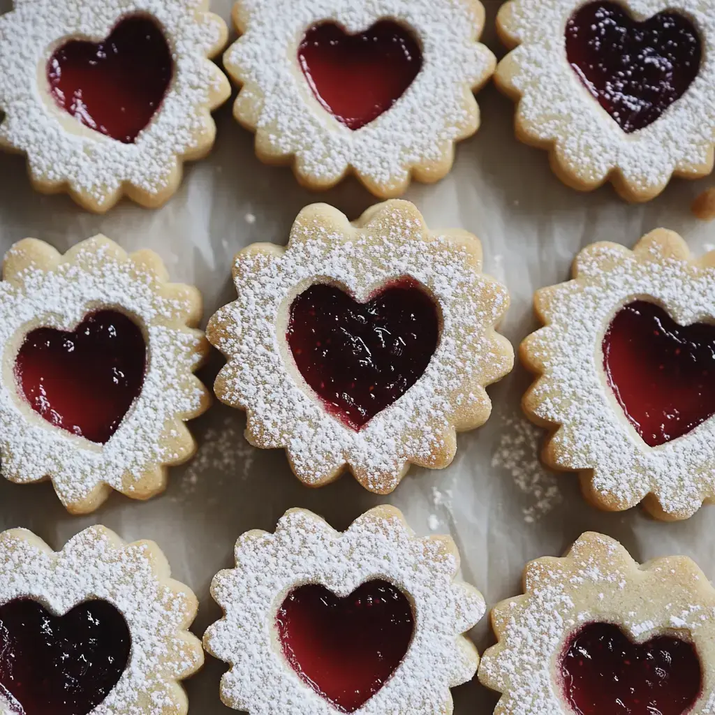 Close-up de galletas en forma de corazón con mermelada y azúcar glass por encima.