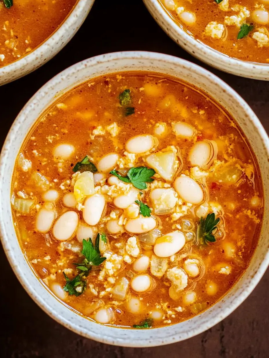 Cerca de un plato de sopa con alubias, verduras y hierbas frescas encima.