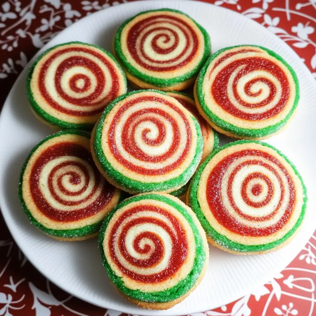 Un plato lleno de galletas remolino de colores con capas rojas, verdes y amarillas.