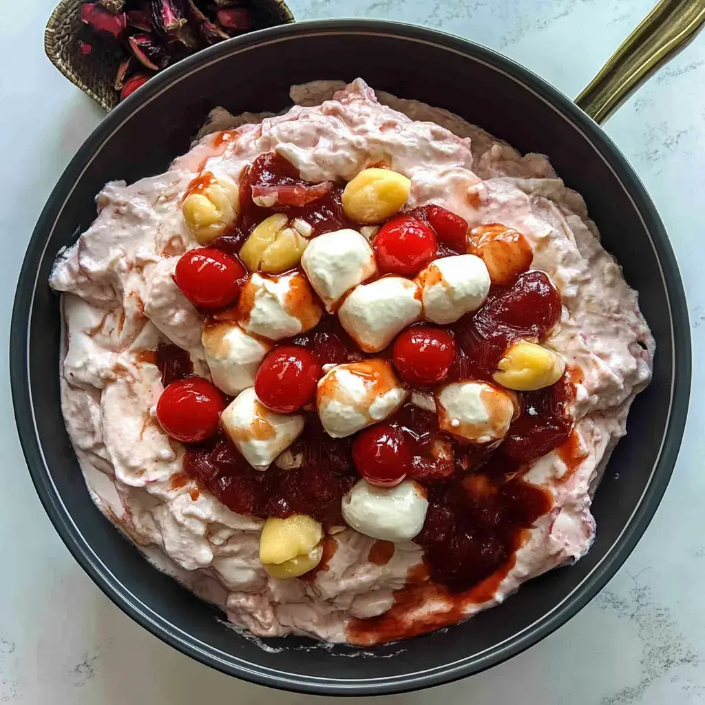 Un bol de postre rosado batido con cerezas rojas, malvaviscos blancos y salsa de cereza arriba.