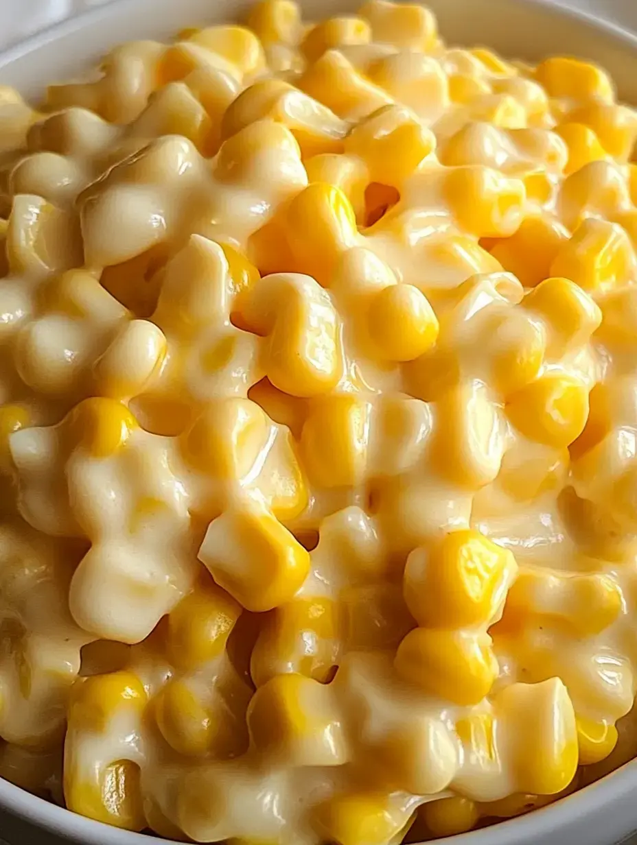 Vista de cerca de un plato cremoso con granos de maíz amarillo en salsa suave.