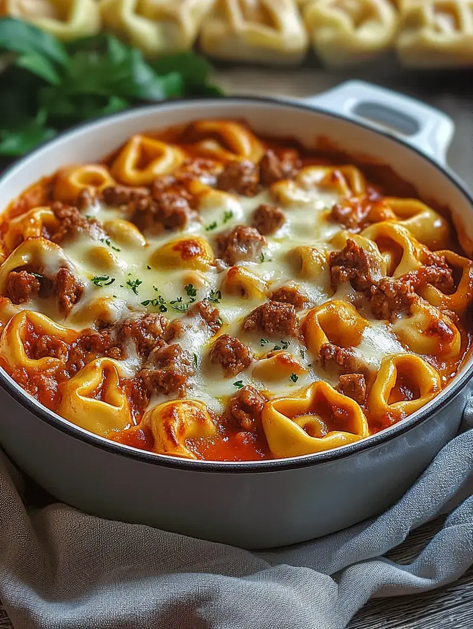 Una cazuela blanca con tortellini cremosos con salsa de carne y queso fundido, acompañada de perejil fresco y más pasta al fondo.