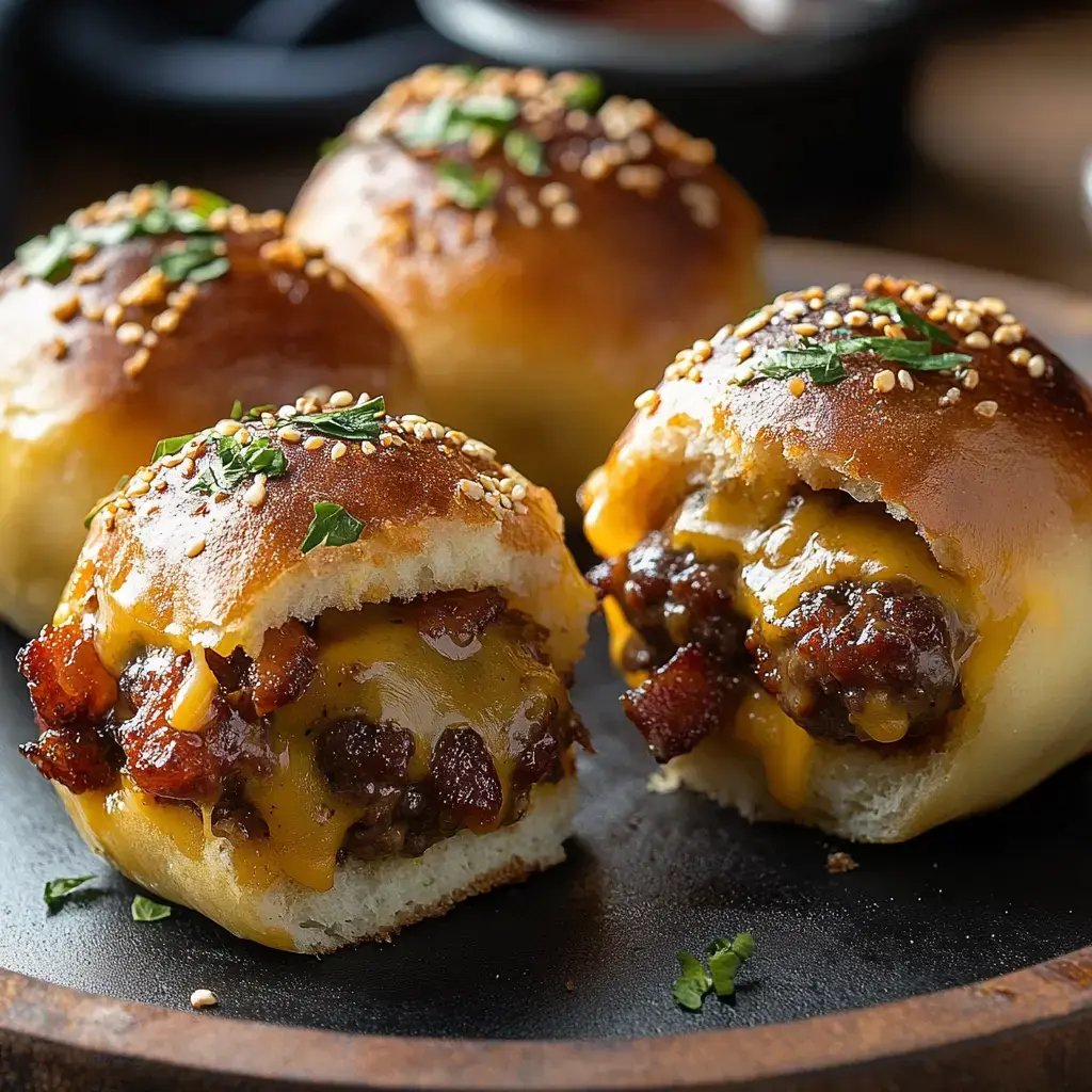 Panecillos dorados rellenos de queso fundido, bacon, y espolvoreados con perejil y sésamo.
