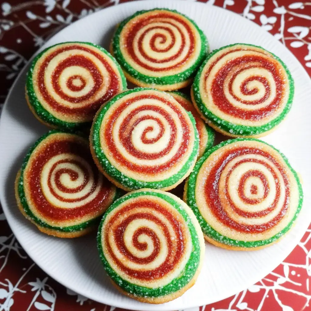 Un plato blanco con galletas remolino de colores rojo, verde y blanco acomodadas ordenadamente.