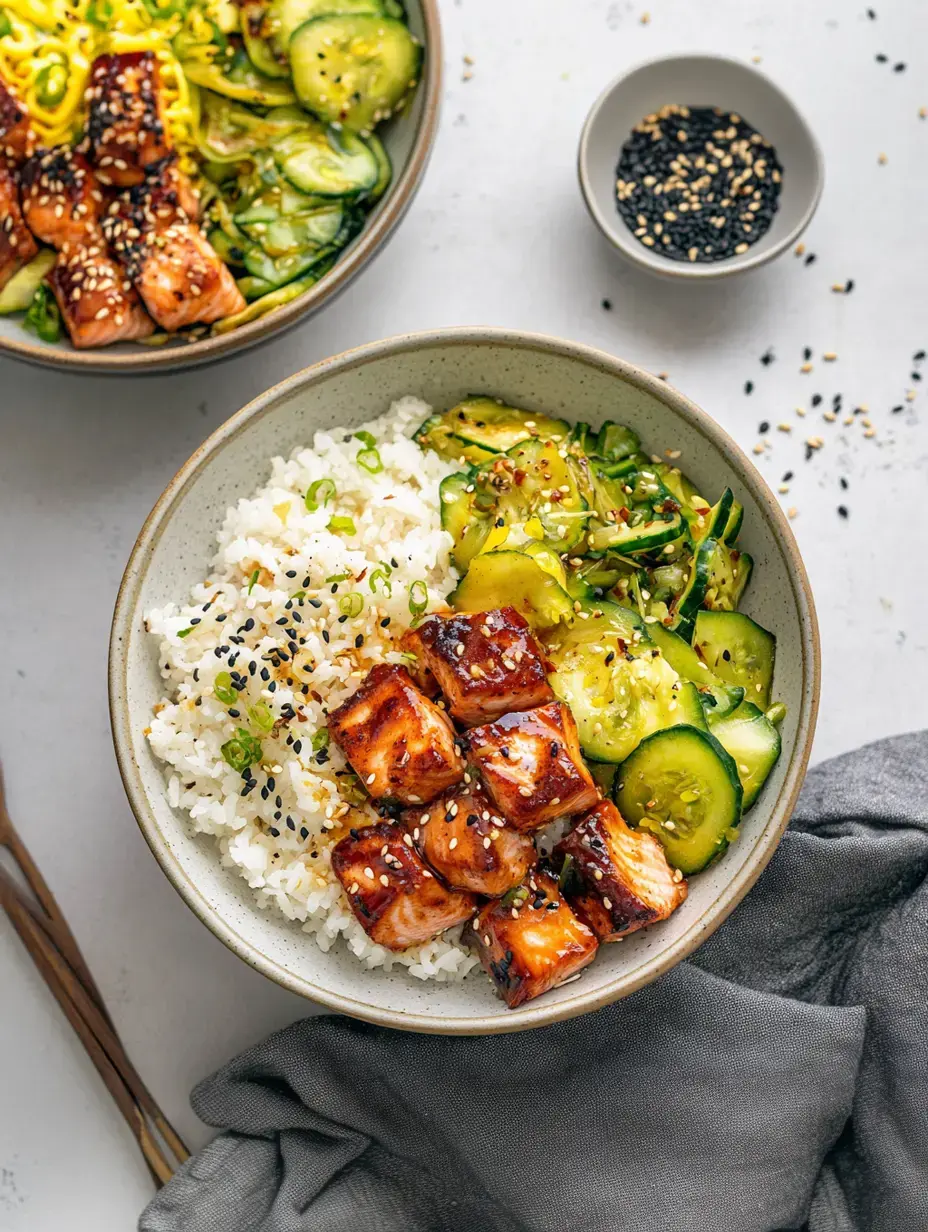 Un bowl con arroz, trozos de salmón glaseado, ensalada de pepino y decorado con semillas de sésamo y cebollín, con otro bowl similar al fondo.