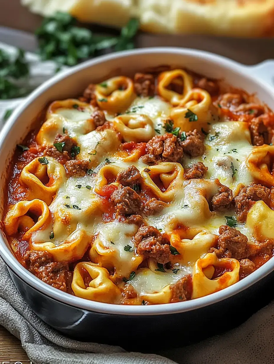 Tortellini al horno con carne y mucho queso fundido, acabado con perejil, servido en fuente blanca.