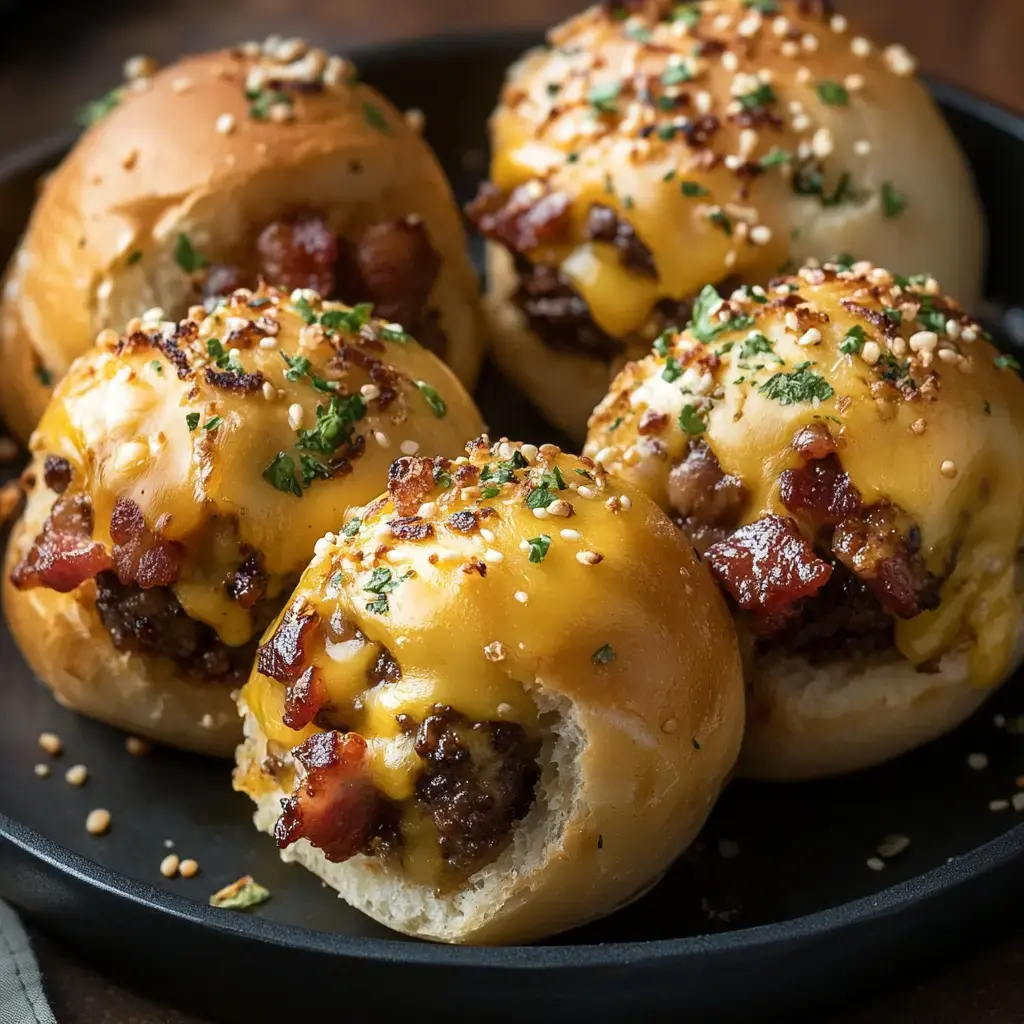 Panecillos jugosos rellenos de bacon, queso fundido y espolvoreados con semillas de sésamo, uno a medio comer.