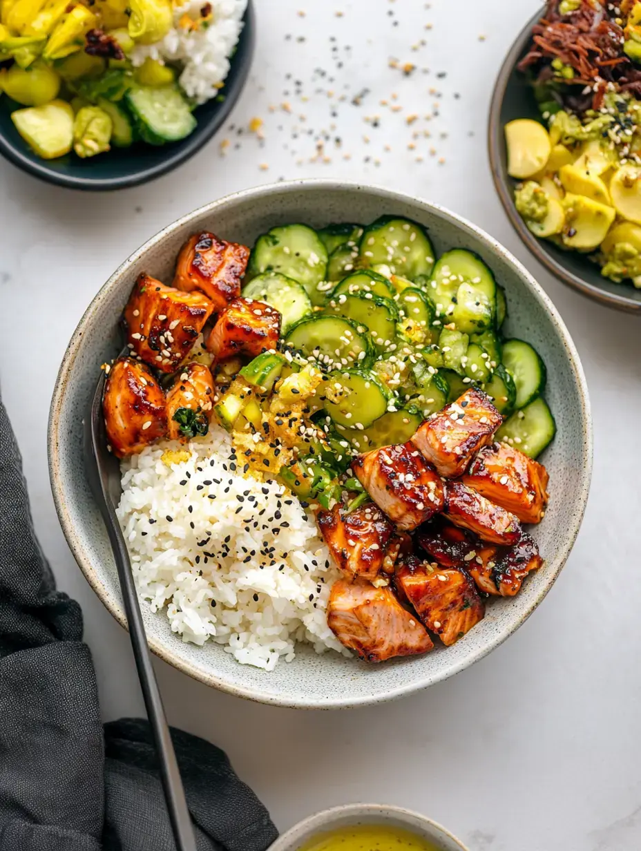 Bowl con arroz, trozos de salmón en salsa y pepinos, decorado con ajonjolí, junto a un platito de verduras.