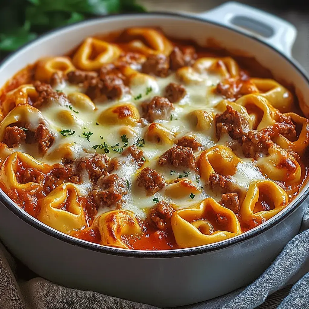 Cazuela de tortellini al horno con salsa de tomate, carne y queso derretido, decorada con perejil.