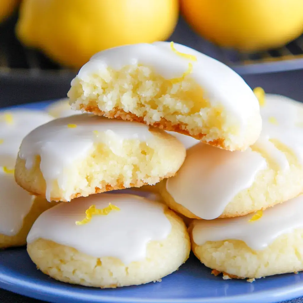 Una pila de galletas glaseadas de limón, una con mordisco, en plato azul y limones al fondo.