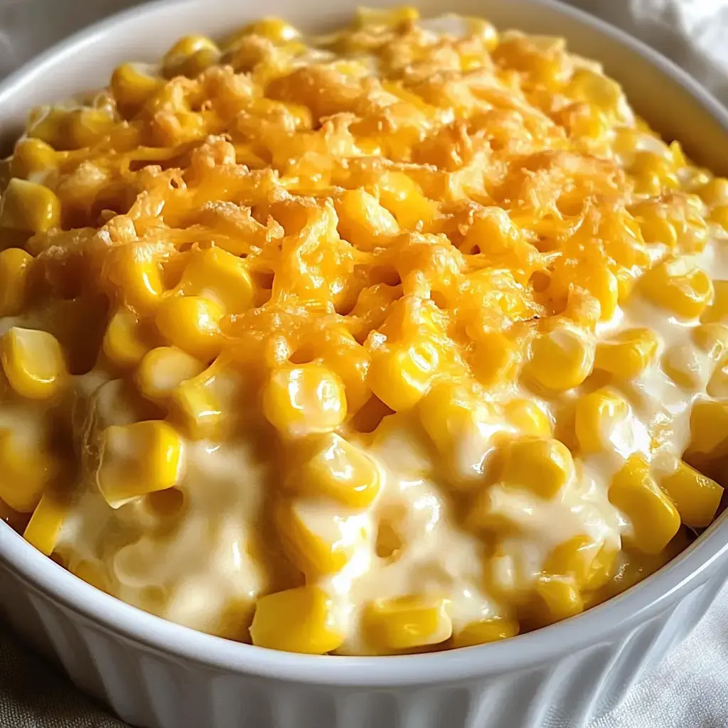 Un tazón blanco con pastel cremoso de maíz y queso derretido por encima.