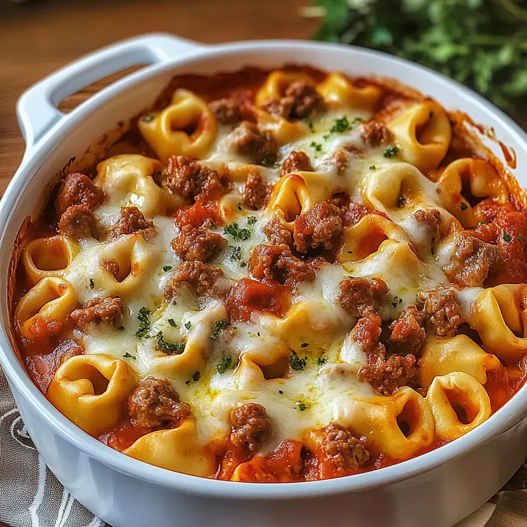 Fuente blanca con pasta, carne y queso gratinado, todo bien cremoso y jugoso.