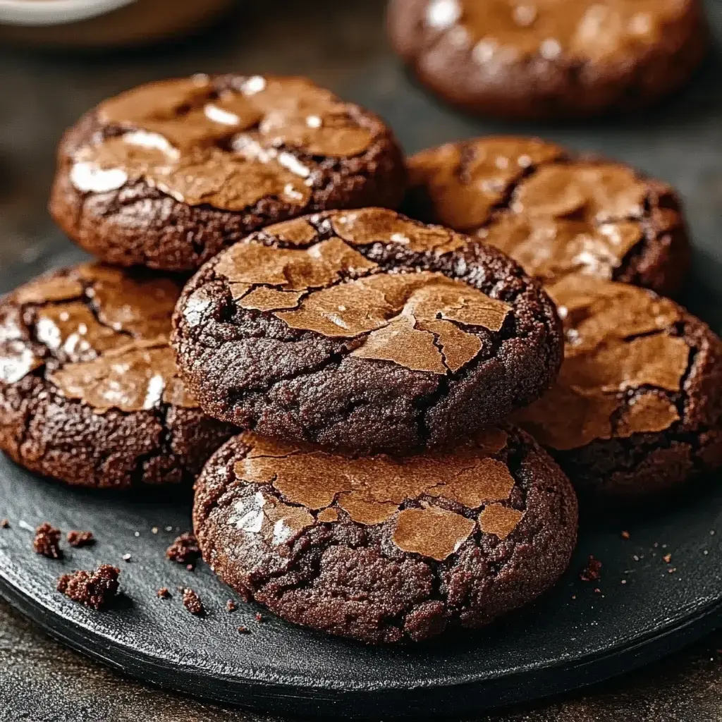 Una pila de galletas de chocolate intenso con grietas dispuestas en un plato negro.
