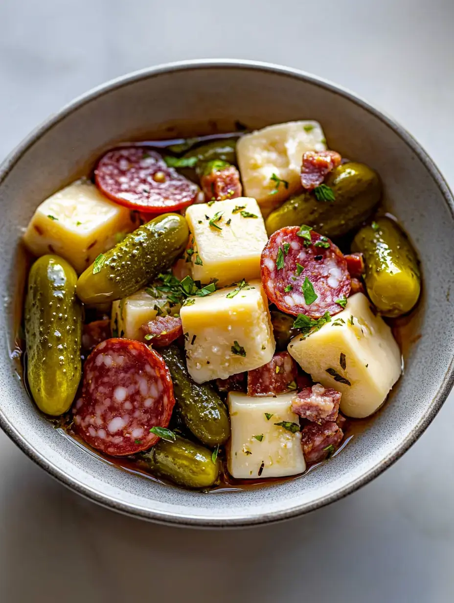 Un bol de picoteo con cubos de queso, lonchas de salami, pepinillos y trocitos de carne, todo con hierbas frescas por encima.