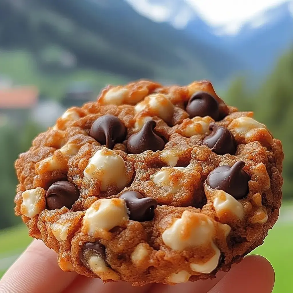 Alguien sostiene una galleta con chispas de chocolate y blanco, con montañas desenfocadas al fondo.