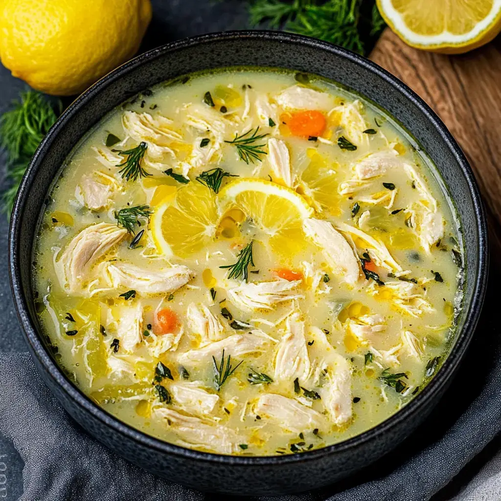 Un tazón de sopa de pollo al limón adornada con eneldo fresco y rodajas de limón, rodeada de limones frescos y hierbas.