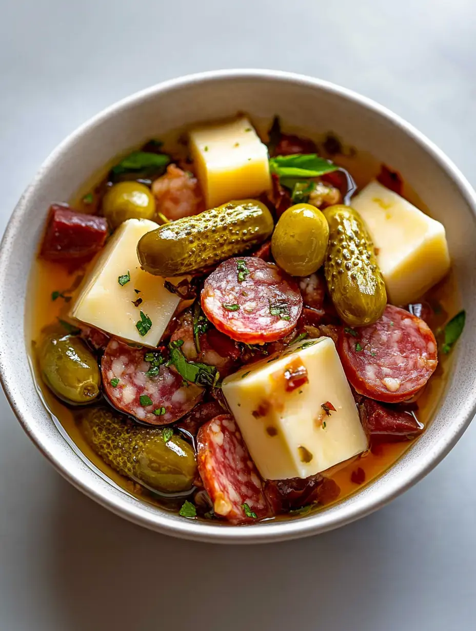 Bol de aperitivo con rodajas de salami, pepinillos, aceitunas verdes y cubos de queso todo en aderezo sabroso.