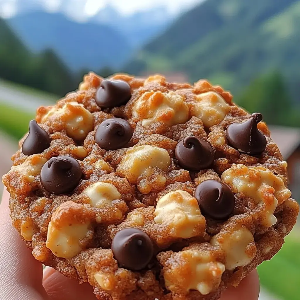 Una galleta con chispas de chocolate y trozos claros, sostenida frente a montañas verdes borrosas.