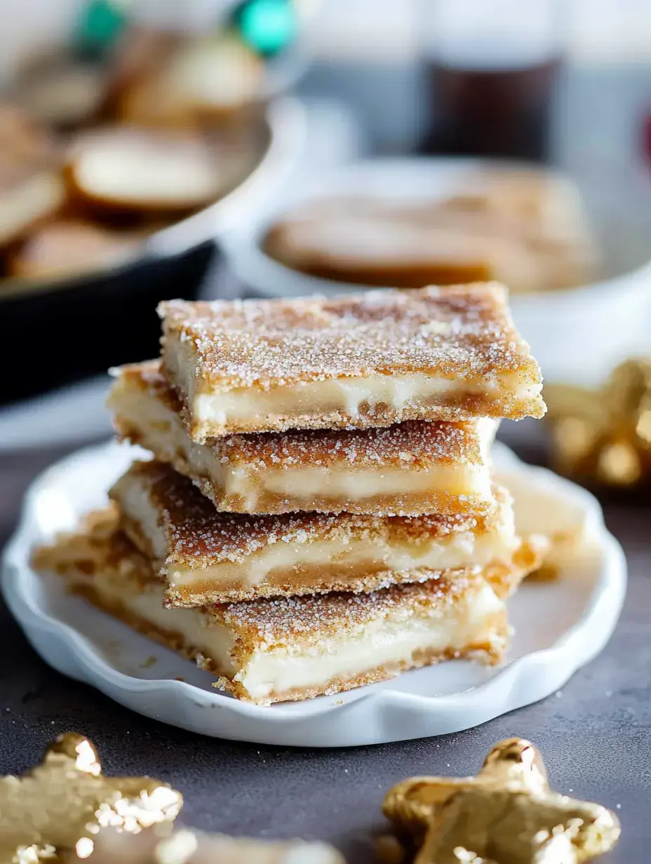 Cuatro piezas de postre en capas con azúcar encima, en un plato blanco, rodeadas de estrellitas doradas de adorno.