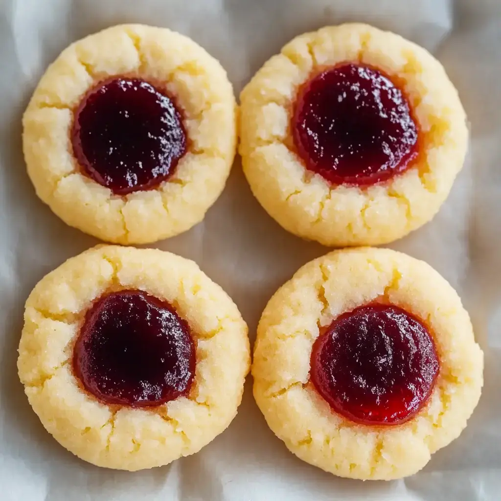 Cuatro galletas redondas con un centro suave de mermelada colocadas sobre un trozo de papel de hornear.