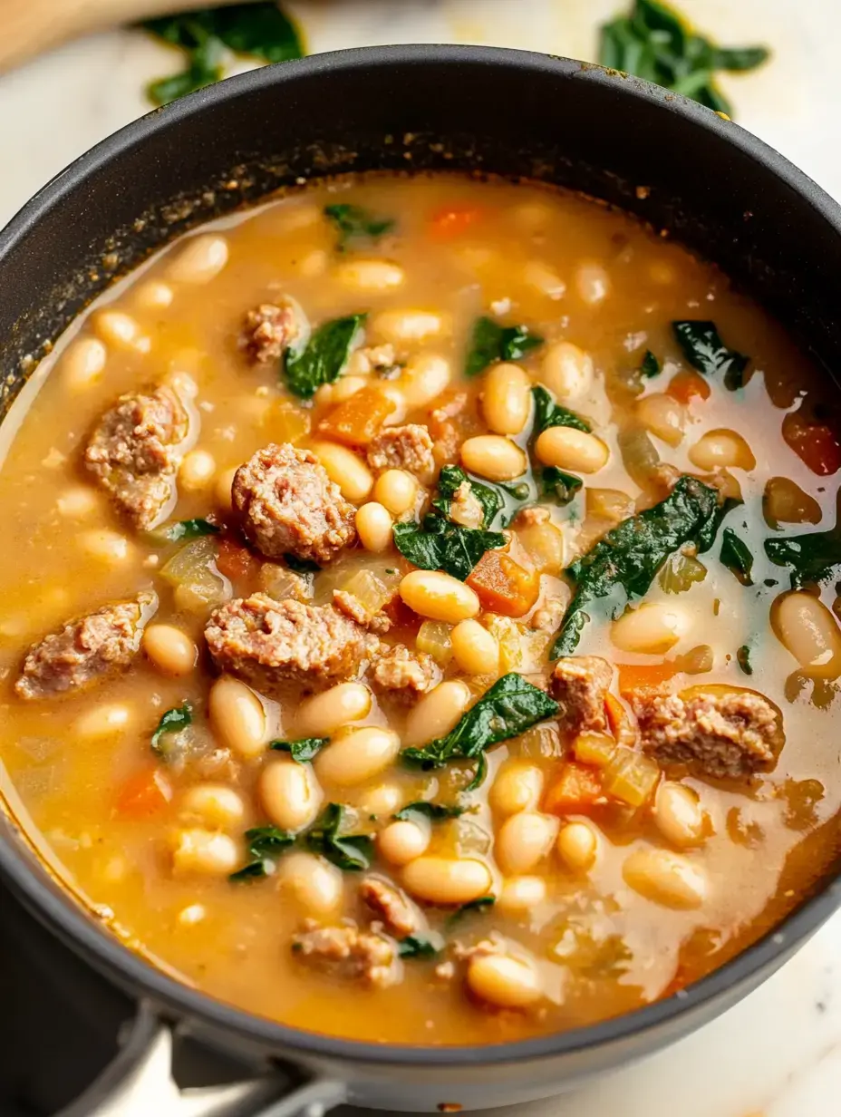 Acercamiento de una olla llena de guiso de alubias y carne con espinacas y verduras picadas.