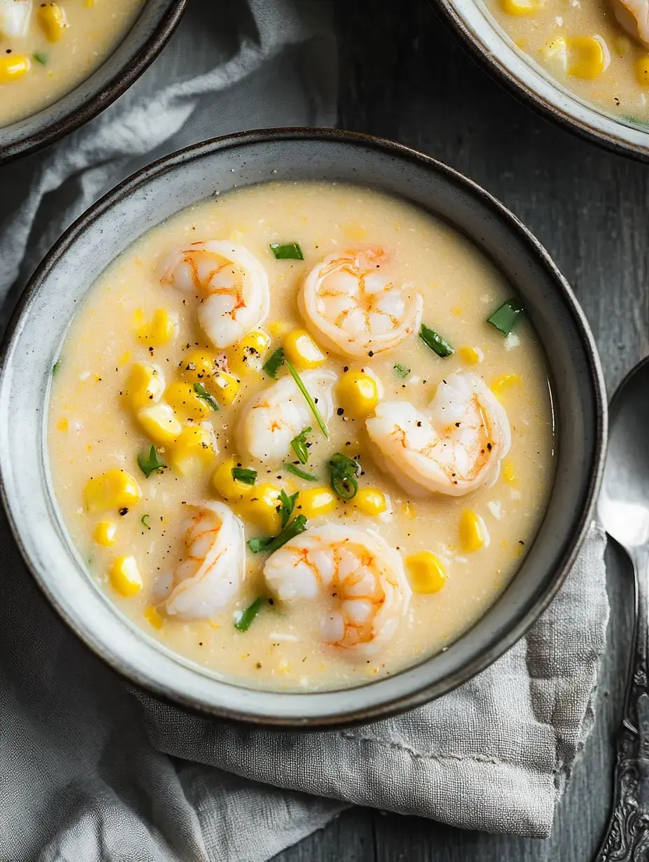 Un plato hondo con sopa cremosa de camarón y maíz, decorada con hierbas verdes.